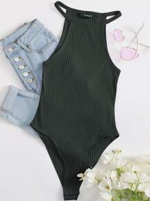 Muchica Women'S Solid Color Rib-Knit Halter Bodysuit - Dark Grey - View 1