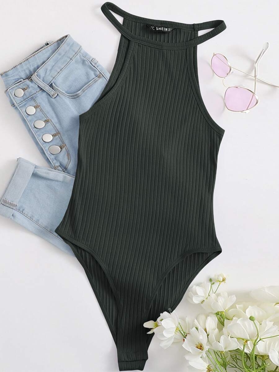 Muchica Women'S Solid Color Rib-Knit Halter Bodysuit - Dark Grey - View 1