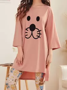 SHEIN Unity Cartoon Graphic High Low Tee & Leggings PJ Set, Fall Clothes - Multicolor - View 4