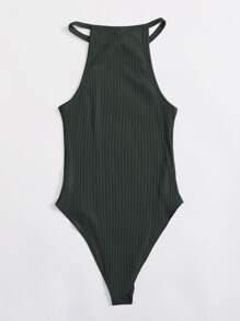 Muchica Women'S Solid Color Rib-Knit Halter Bodysuit - Dark Grey - View 2