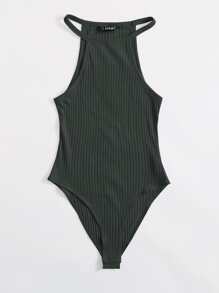 Muchica Women'S Solid Color Rib-Knit Halter Bodysuit - Dark Grey - View 5