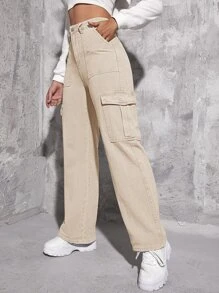 Jeans cargo de talle alto con bolsillo con solapa - Caqui - Ver 1