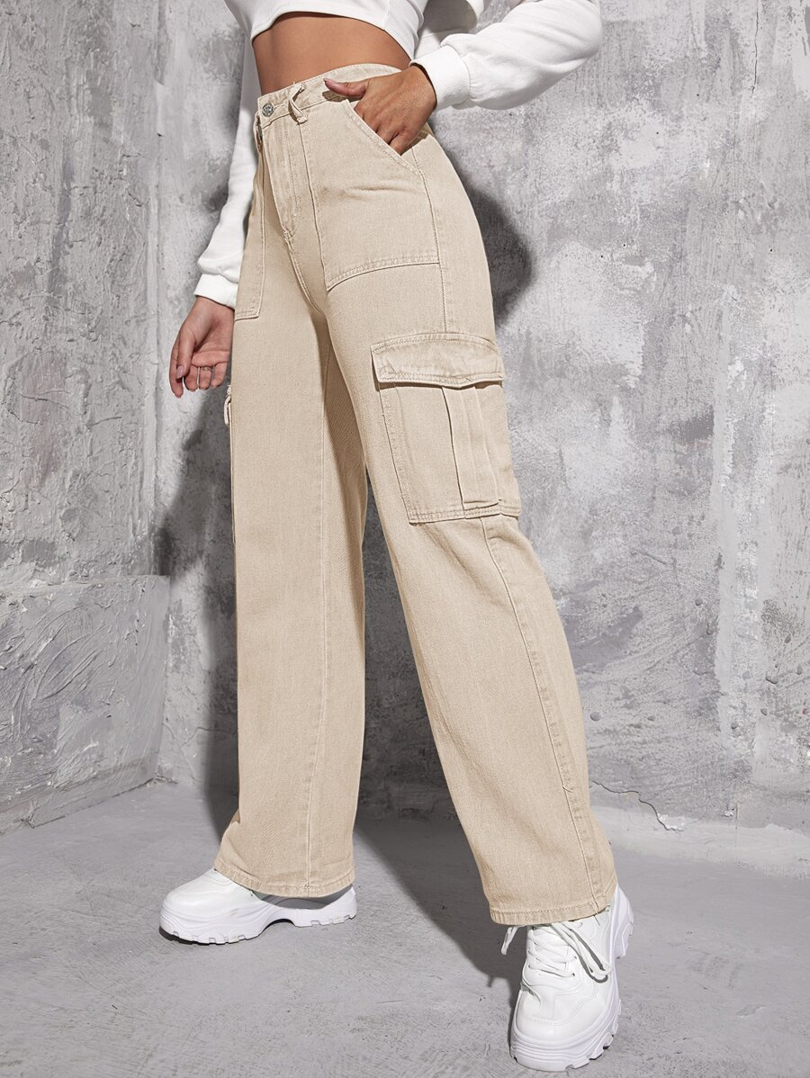 Jeans cargo de talle alto con bolsillo con solapa - Caqui - Ver 1
