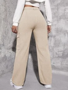 Jeans cargo de talle alto con bolsillo con solapa - Caqui - Ver 2