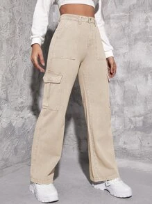 Jeans cargo de talle alto con bolsillo con solapa - Caqui - Ver 3