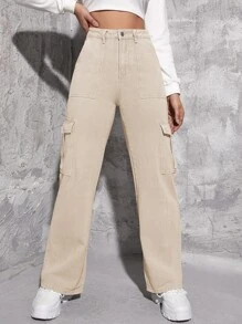 Jeans cargo de talle alto con bolsillo con solapa - Caqui - Ver 4