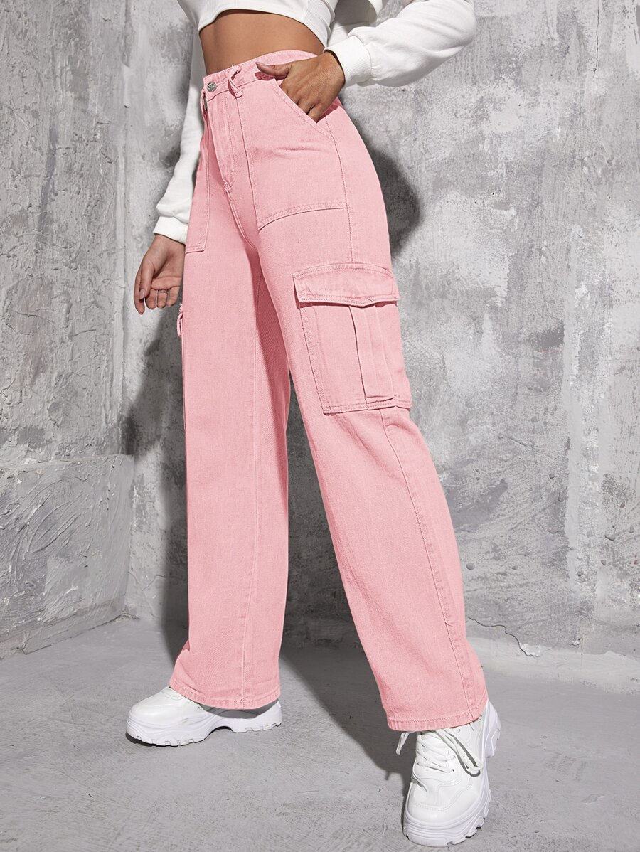 Jeans cargo de talle alto con bolsillo con solapa - Rosa Pálido - Ver 1
