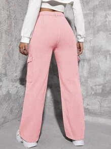 Jeans cargo de talle alto con bolsillo con solapa - Rosa Pálido - Ver 2