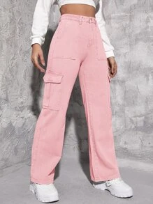 Jeans cargo de talle alto con bolsillo con solapa - Rosa Pálido - Ver 4