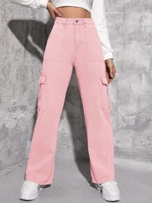 Jeans cargo de talle alto con bolsillo con solapa - Rosa Pálido - Ver 5