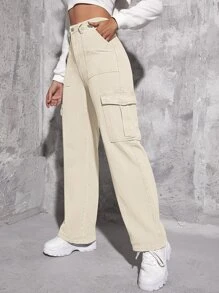 Jeans cargo de talle alto con bolsillo con solapa - Beis - Ver 1