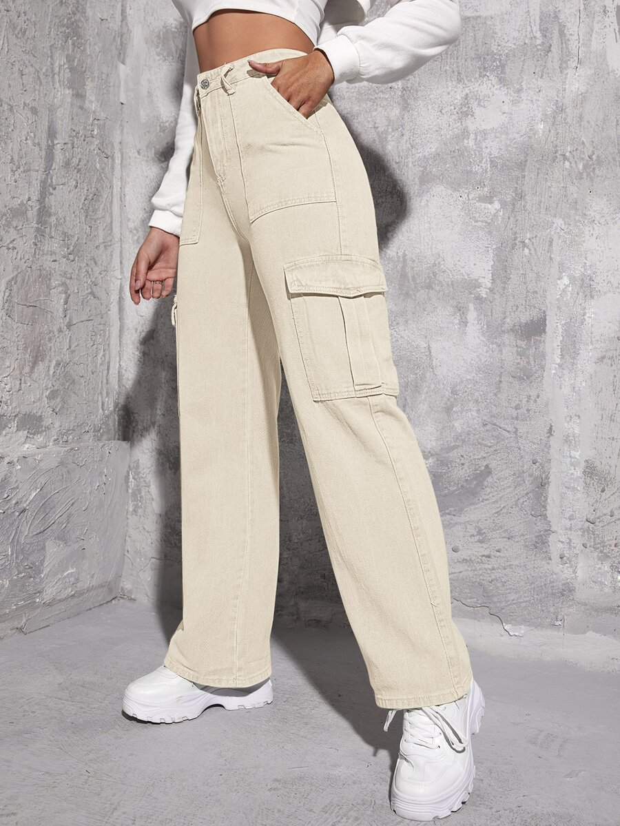 Jeans cargo de talle alto con bolsillo con solapa - Beis - Ver 1