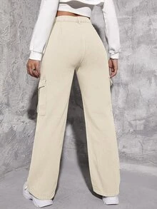 Jeans cargo de talle alto con bolsillo con solapa - Beis - Ver 2