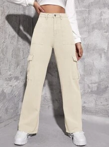 Jeans cargo de talle alto con bolsillo con solapa - Beis - Ver 3
