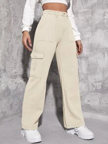 Jeans cargo de talle alto con bolsillo con solapa - Beis - Ver 5