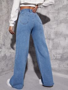 Jeans de pierna recta de talle alto - Azul lavado medio - Ver 2