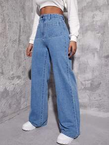 Jeans de pierna recta de talle alto - Azul lavado medio - Ver 3