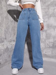 Jeans de pierna recta de talle alto - Azul lavado medio - Ver 4