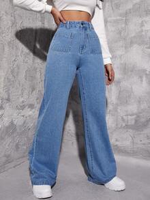 Jeans de pierna recta de talle alto - Azul lavado medio - Ver 5