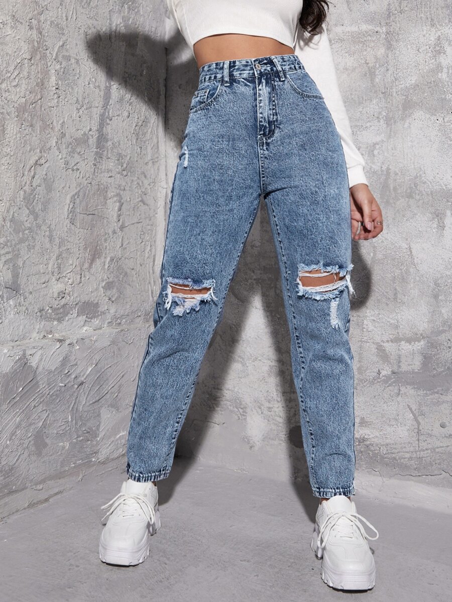 SHEIN ICON High Waist Ripped Mom Jeans