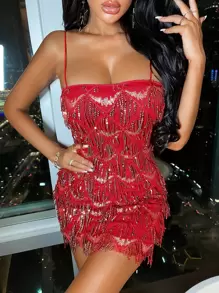 SHEIN Fringe Trim Sequin Bodycon Dress - Red - View 1