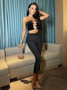 SHEIN SXY Heart Rhinestone Velvet Tube Crop Top