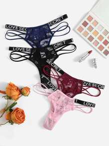 4packs Floral Lace Letter Tape Panty Sexy Lingerie - Multicolor - View 1
