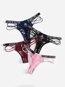 4packs Floral Lace Letter Tape Panty Sexy Lingerie - Multicolor - View 2