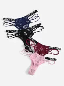 4packs Floral Lace Letter Tape Panty Sexy Lingerie - Multicolor - View 5