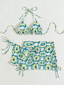 Swim Vcay Summer Beach 3packs Floral Print Triangle Bikini With Cover Up Skirt - Multicolor - View 2