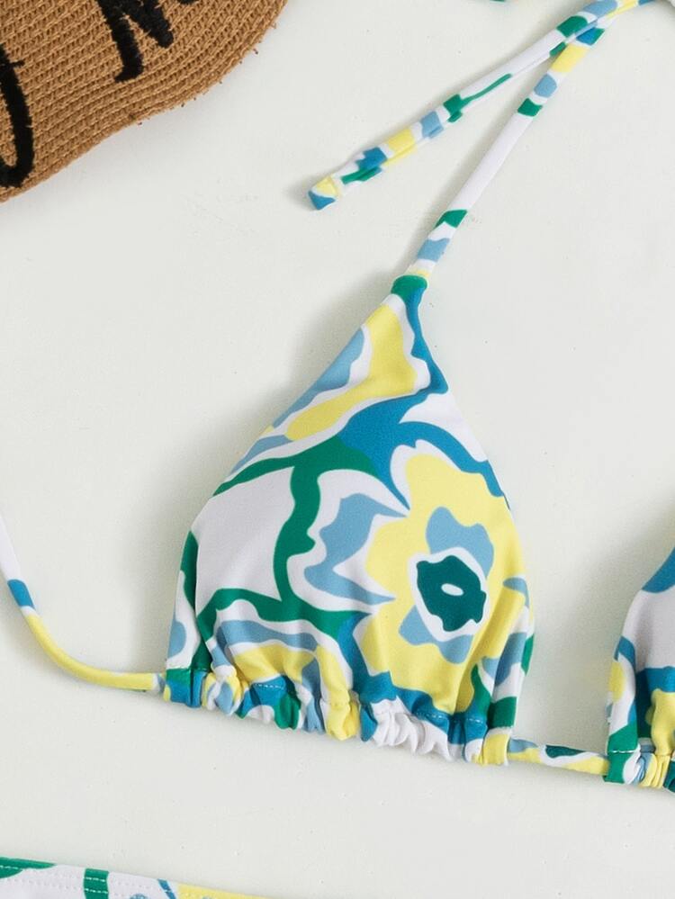 Swim Vcay 3 paquetes de bikini triangular con estampado floral de playa de verano con falda cubierta - Multicolor - Añade 3