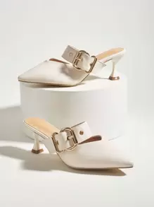 Women's Unique Thin Heel Design Sandals, Stylish Pointy Toe Black High Heels, Elegant Closed Toe Slip-On Sandals, Comfortable Commute Gold Buckle Flats