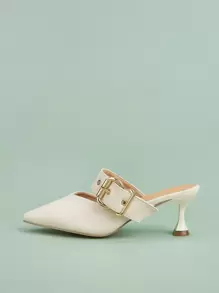 Women's Unique Thin Heel Design Sandals, Stylish Pointy Toe Black High Heels, Elegant Closed Toe Slip-On Sandals, Comfortable Commute Gold Buckle Flats