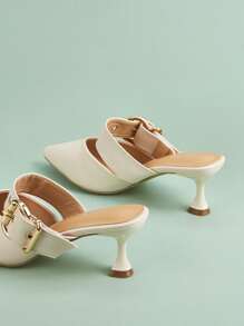 Women's Unique Thin Heel Design Sandals, Stylish Pointy Toe Black High Heels, Elegant Closed Toe Slip-On Sandals, Comfortable Commute Gold Buckle Flats