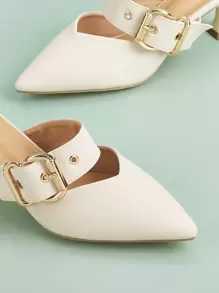 Women's Unique Thin Heel Design Sandals, Stylish Pointy Toe Black High Heels, Elegant Closed Toe Slip-On Sandals, Comfortable Commute Gold Buckle Flats