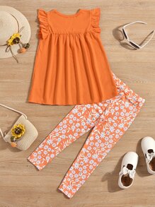 SHEIN Camiseta Con Volantes Para Niñas Y Leggings Con Estampado Floral - Naranja - Ver 2