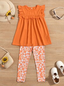 SHEIN Camiseta Con Volantes Para Niñas Y Leggings Con Estampado Floral - Naranja - Ver 5