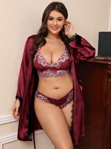 3pack Plus Contrast Lace Satin Lingerie Set With Belted Robe - Burgundy - View 1