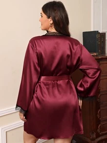 3pack Plus Contrast Lace Satin Lingerie Set With Belted Robe - Burgundy - View 2