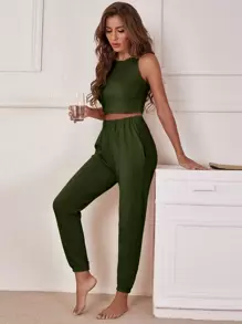 素色背心上衣和彈性腰帶長褲休閒服套裝 - 軍綠色 - 查看 1