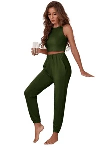 素色背心上衣和彈性腰帶長褲休閒服套裝 - 軍綠色 - 查看 3