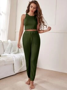 素色背心上衣和彈性腰帶長褲休閒服套裝 - 軍綠色 - 查看 4