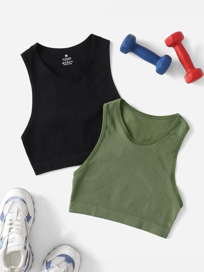 2 piezas de Camiseta deportiva de verano sin costuras de punto acanalado sólido para usar en gimnasio