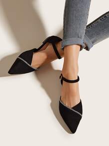 Rhinestone Decor Ankle Strap Flats, Women's Flat Sandals with Hollow Design, Black Color, Diamond Decorations, and Comfortable Fit. - Black - View 1