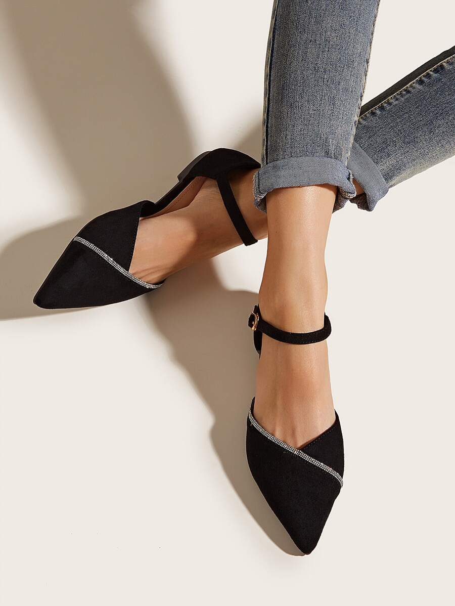 Rhinestone Decor Ankle Strap Flats, Women's Flat Sandals with Hollow Design, Black Color, Diamond Decorations, and Comfortable Fit. - Black - View 1