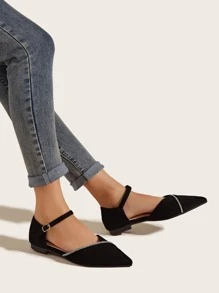 Rhinestone Decor Ankle Strap Flats, Women's Flat Sandals with Hollow Design, Black Color, Diamond Decorations, and Comfortable Fit. - Black - View 2