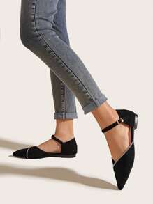 Rhinestone Decor Ankle Strap Flats, Women's Flat Sandals with Hollow Design, Black Color, Diamond Decorations, and Comfortable Fit. - Black - View 5