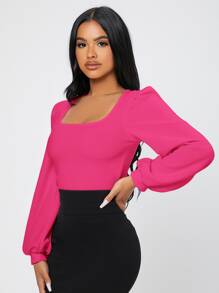 SHEIN PETITE Áo thun nữ màu trơn Thanh lịch - Màu Hồng Tươi - Xem 3