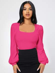SHEIN PETITE Áo thun nữ màu trơn Thanh lịch - Màu Hồng Tươi - Xem 4