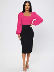 SHEIN PETITE Áo thun nữ màu trơn Thanh lịch - Màu Hồng Tươi - Xem 5